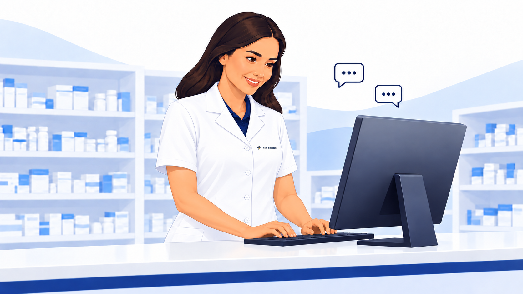 Marina, personagem ilustrada, de jaleco fechado e mangas curtas no computador do balcão.